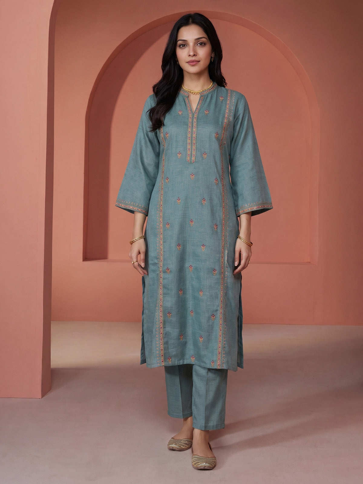 Dusty-Green  Embroidered Linen Kurta Set