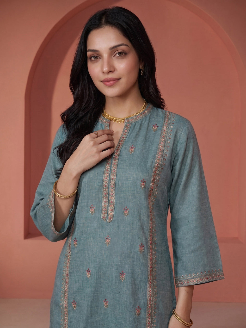 Dusty-Green  Embroidered Linen Kurta Set