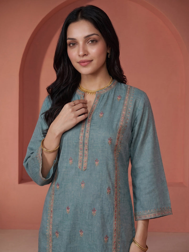 Dusty-Green  Embroidered Linen Kurta Set