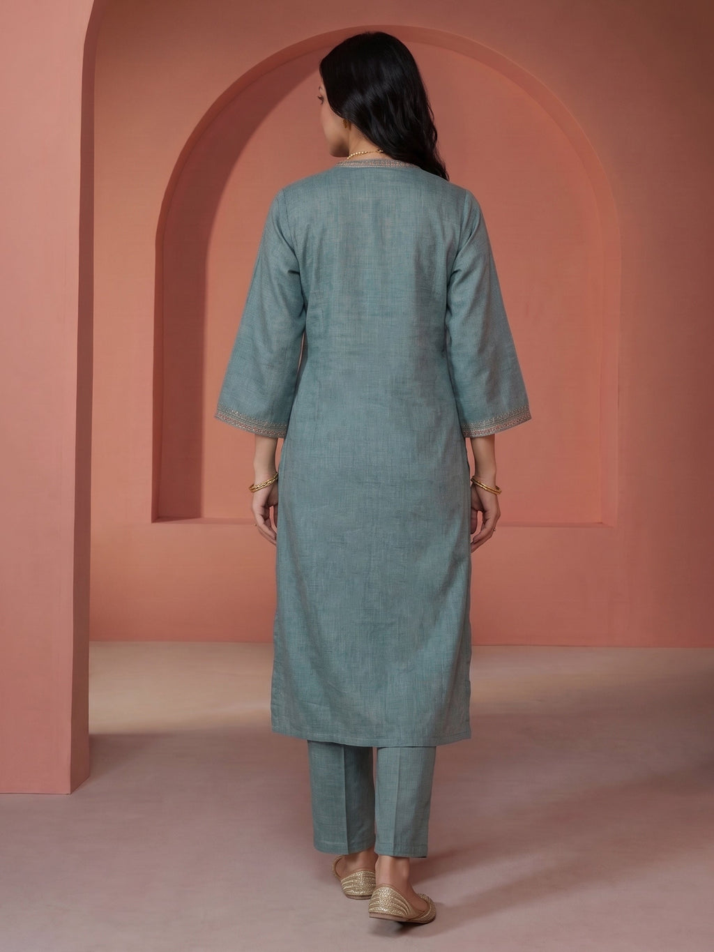 Dusty-Green  Embroidered Linen Kurta Set