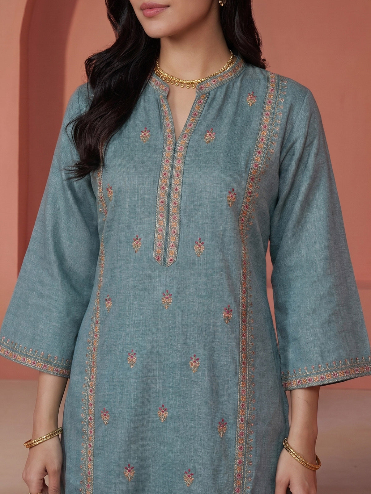 Dusty-Green  Embroidered Linen Kurta Set