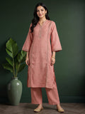 Dusty-Pink  Embroidered Linen Kurta Set