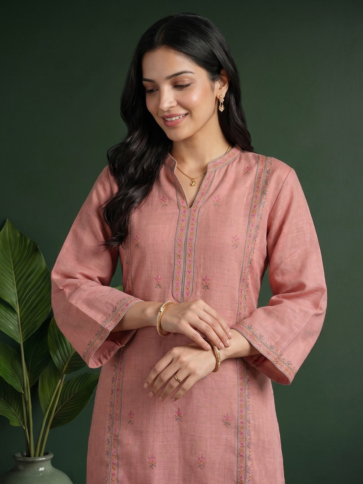 Dusty-Pink  Embroidered Linen Kurta Set