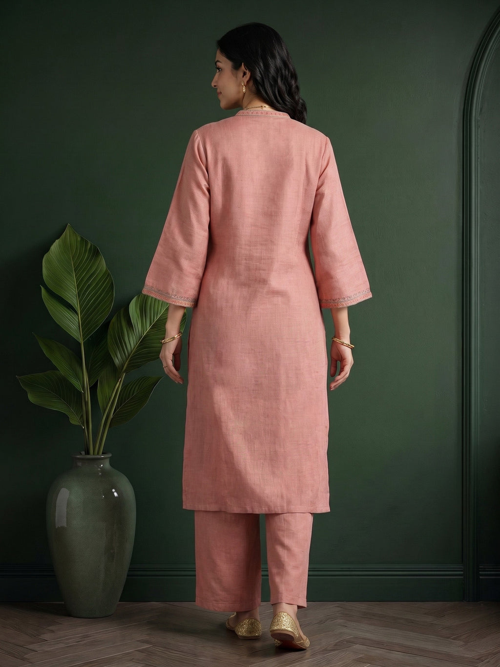 Dusty-Pink  Embroidered Linen Kurta Set