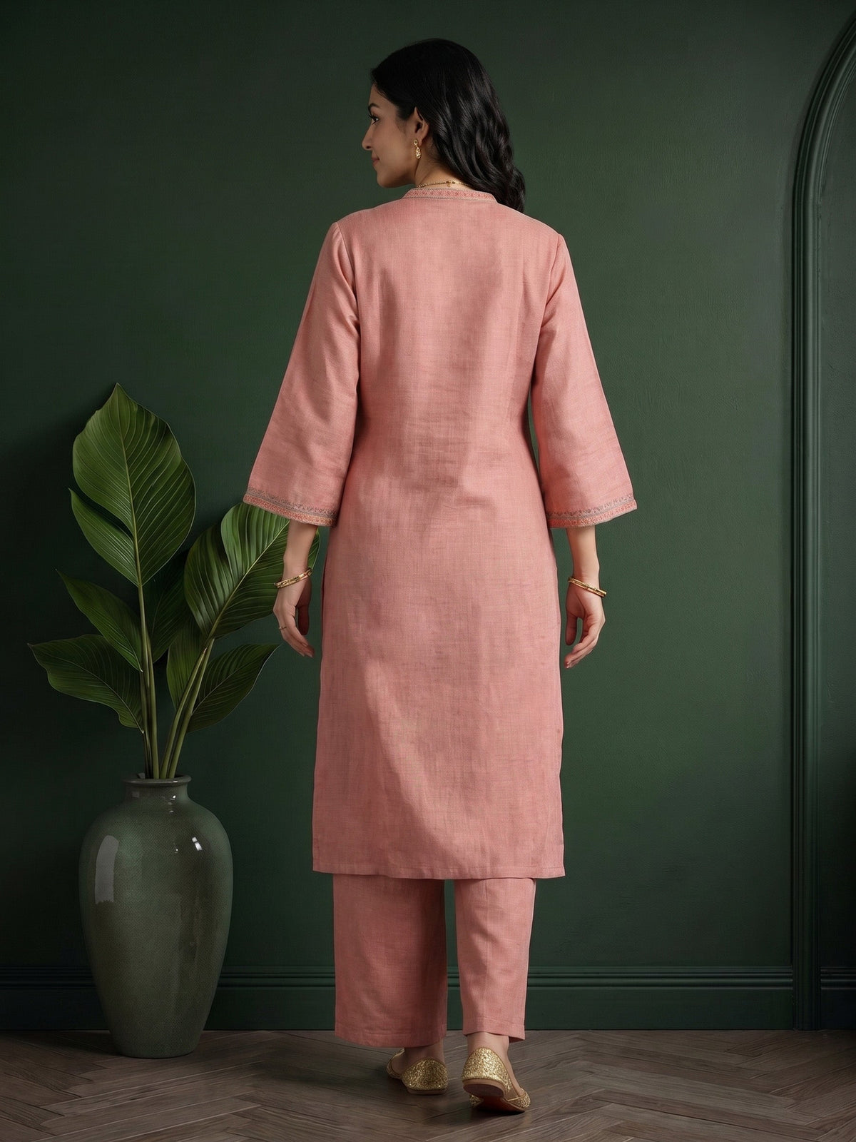 Dusty-Pink  Embroidered Linen Kurta Set