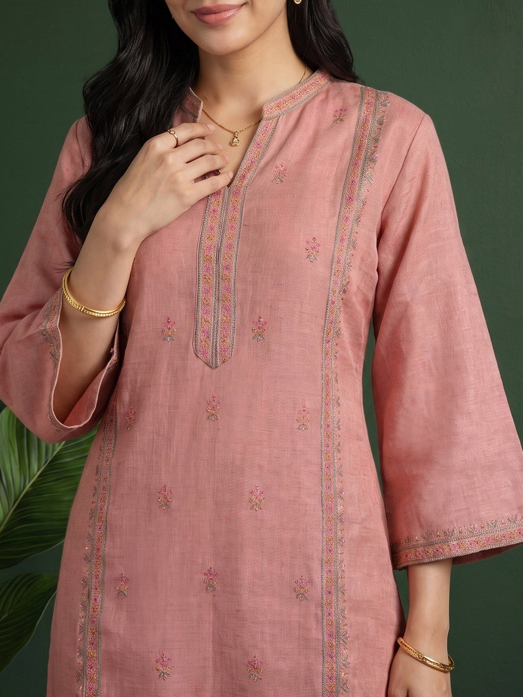 Dusty-Pink  Embroidered Linen Kurta Set