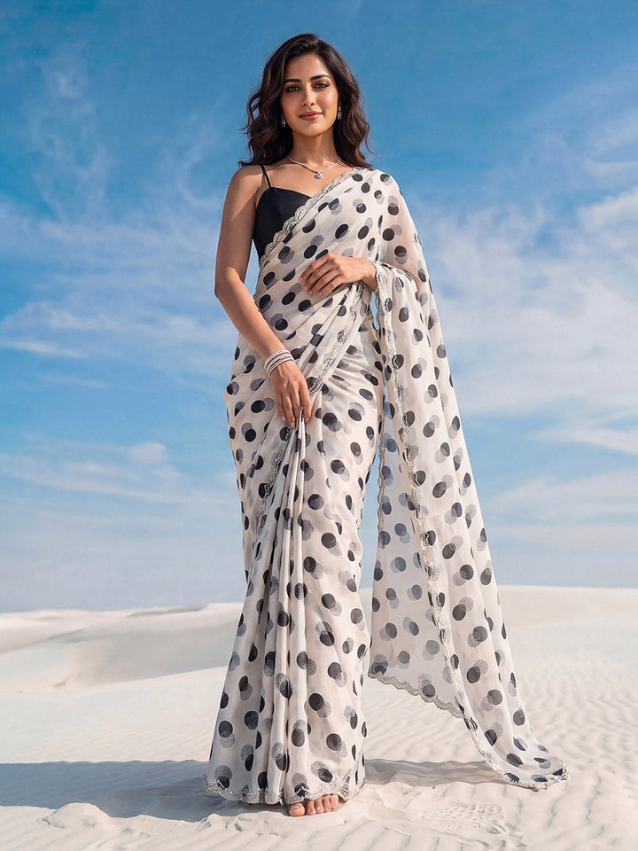Cream Printed Organza Saree