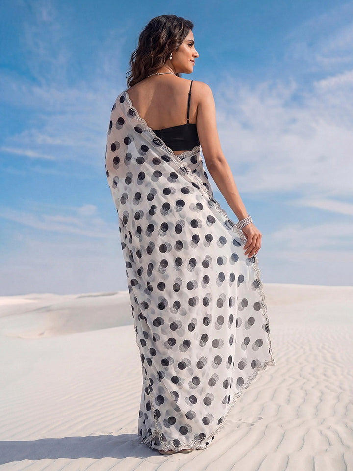 Cream Printed Organza Saree