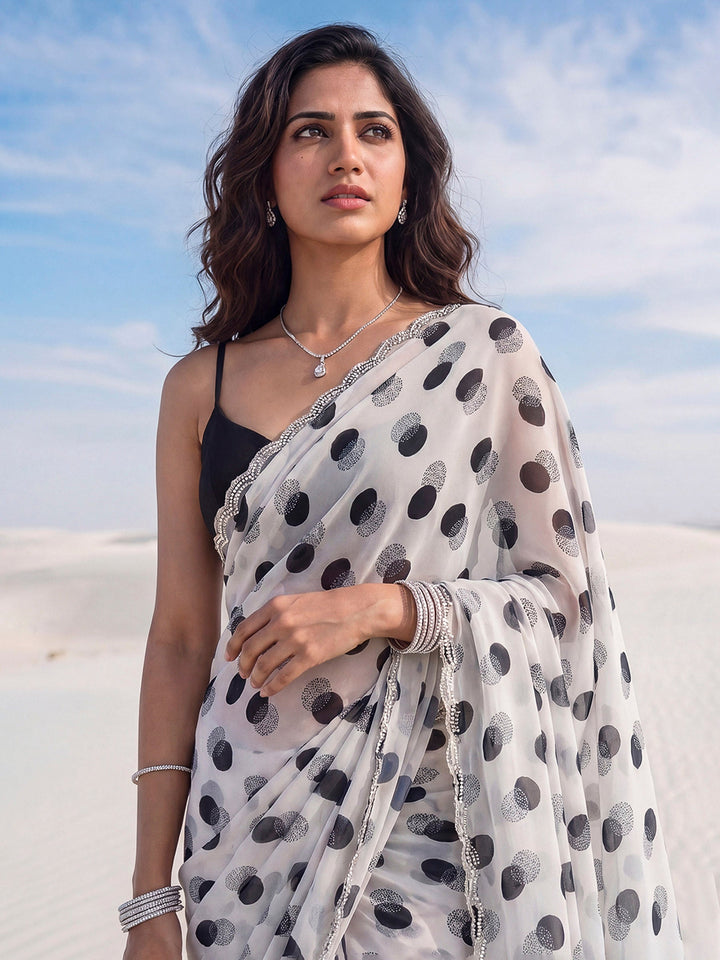 Cream Printed Organza Saree