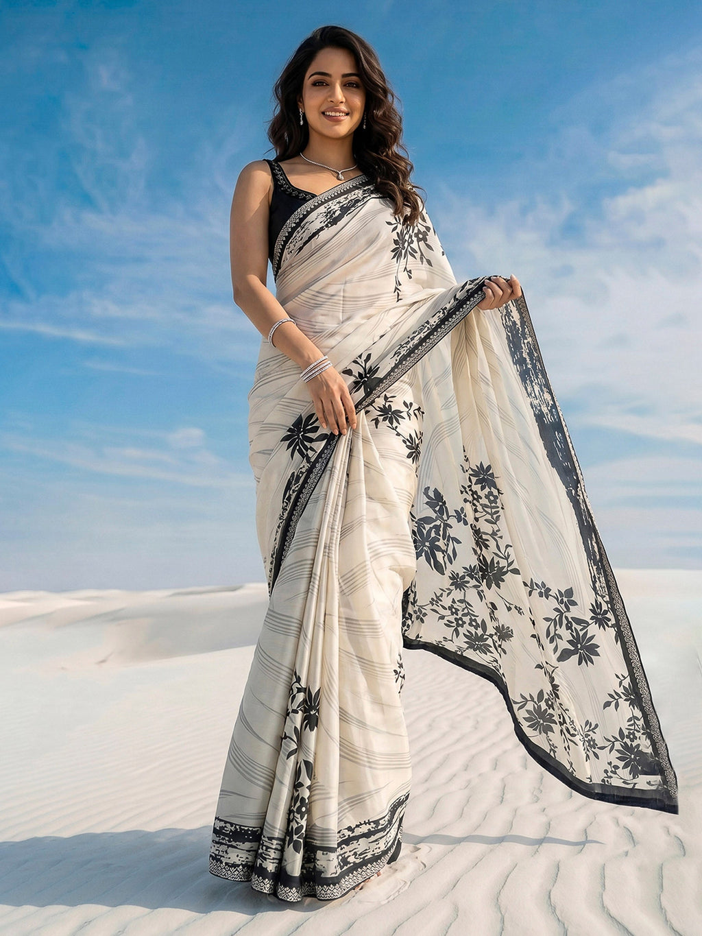 Cream Printed Satin Saree