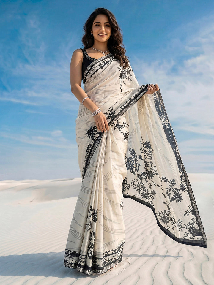 Cream Printed Satin Saree