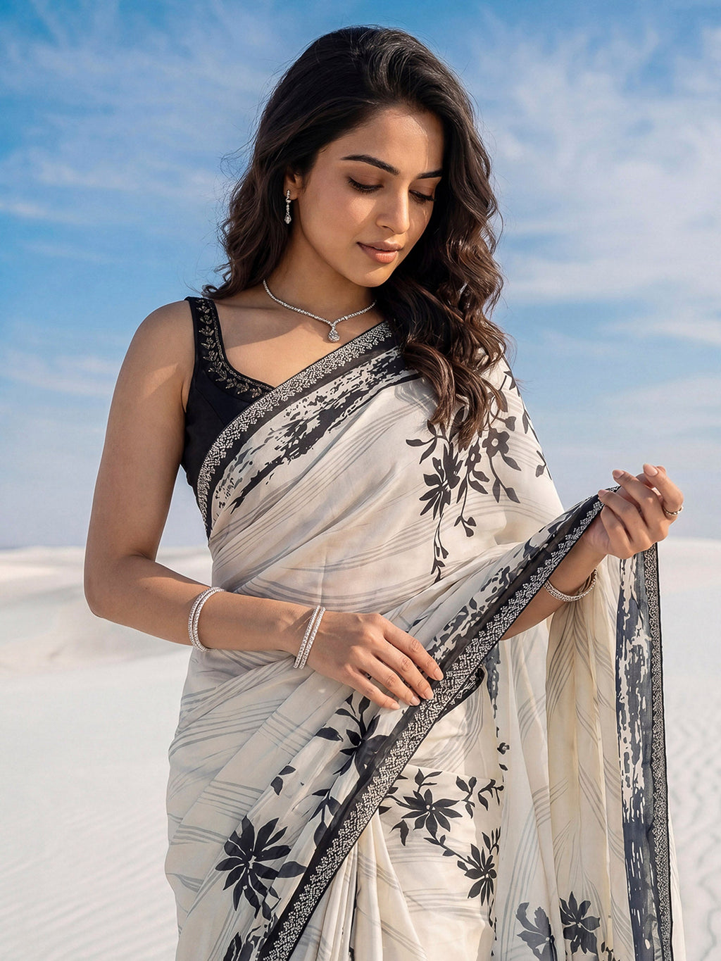 Cream Printed Satin Saree