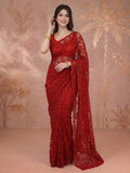 Maroon Lace Embroidered Saree