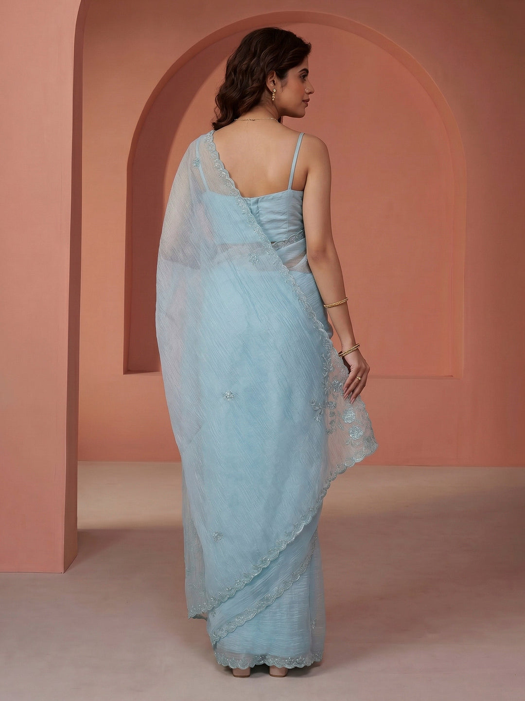 Sky Blue Embroidered Organza Saree