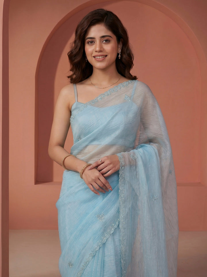 Sky Blue Embroidered Organza Saree