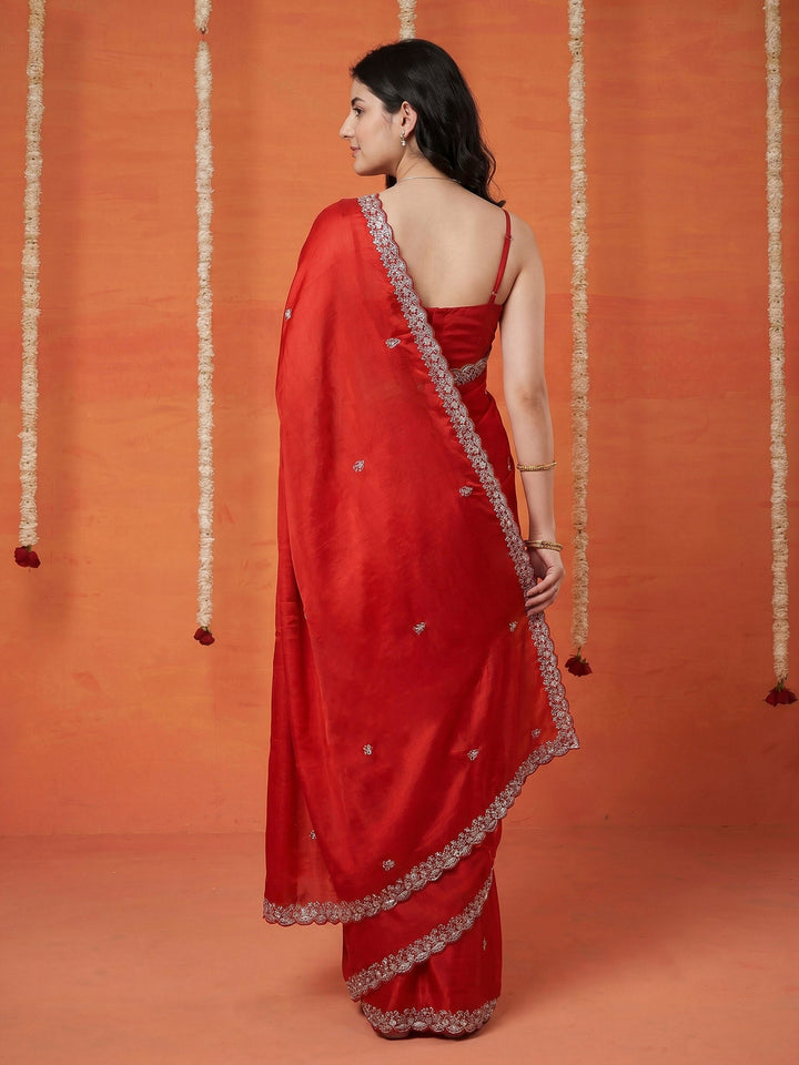 Red Embroidered Chinon Saree