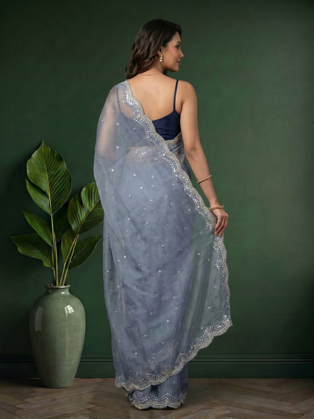 Grey Blue Embroidered Chiffon Saree