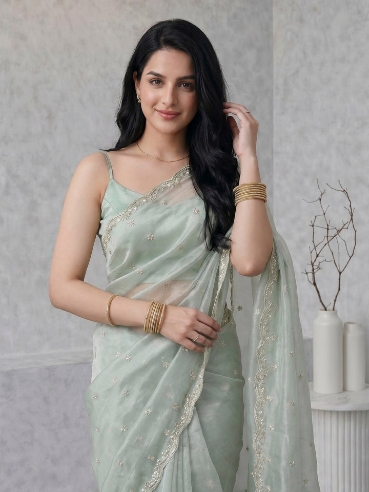 Aqua Green Embroidered Tissue Saree