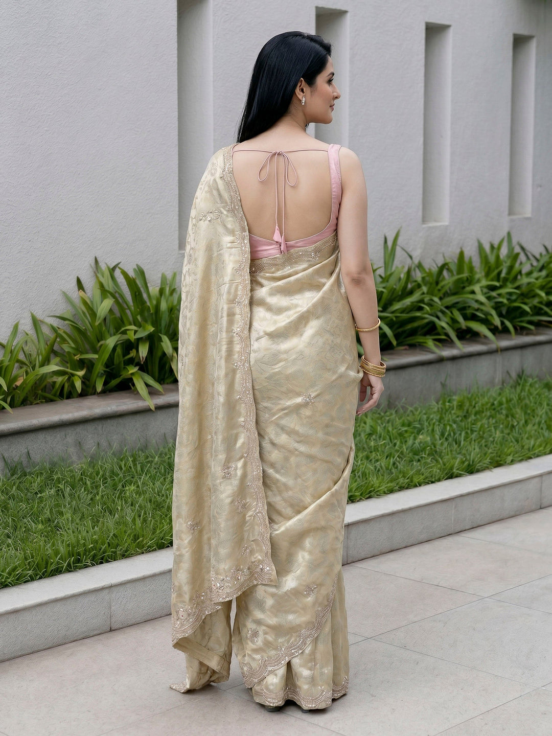 Beige Embroidered Tissue Saree