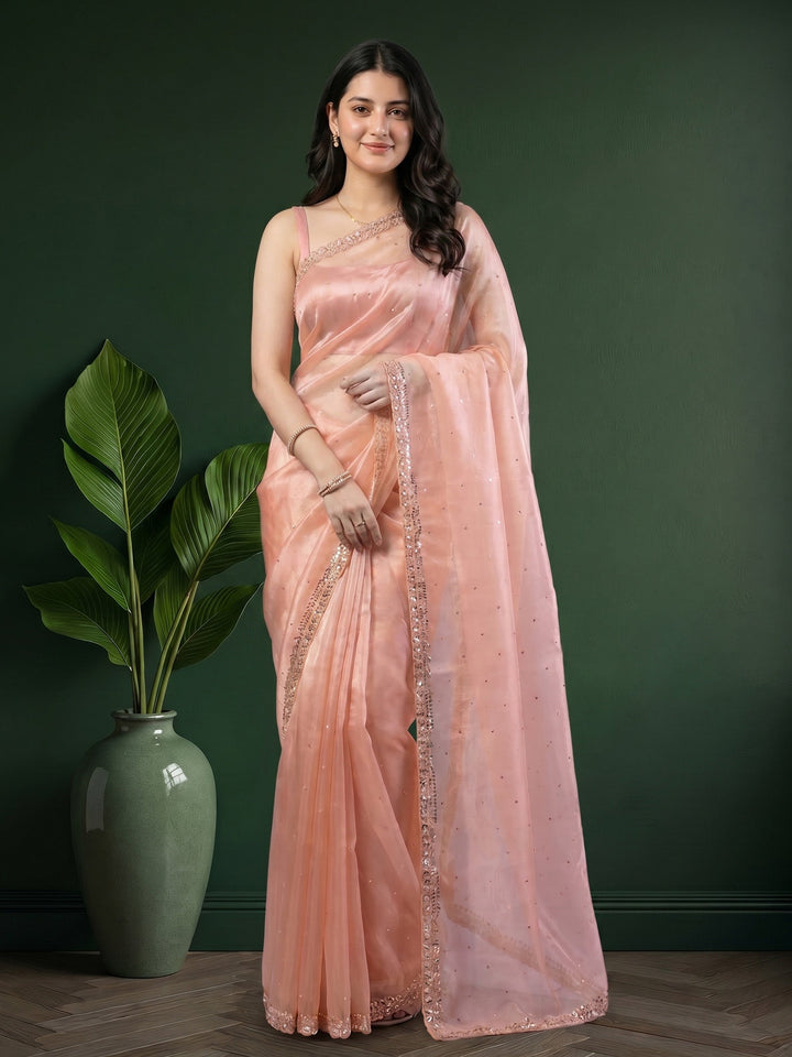 Peach Embroidered Tissue Saree