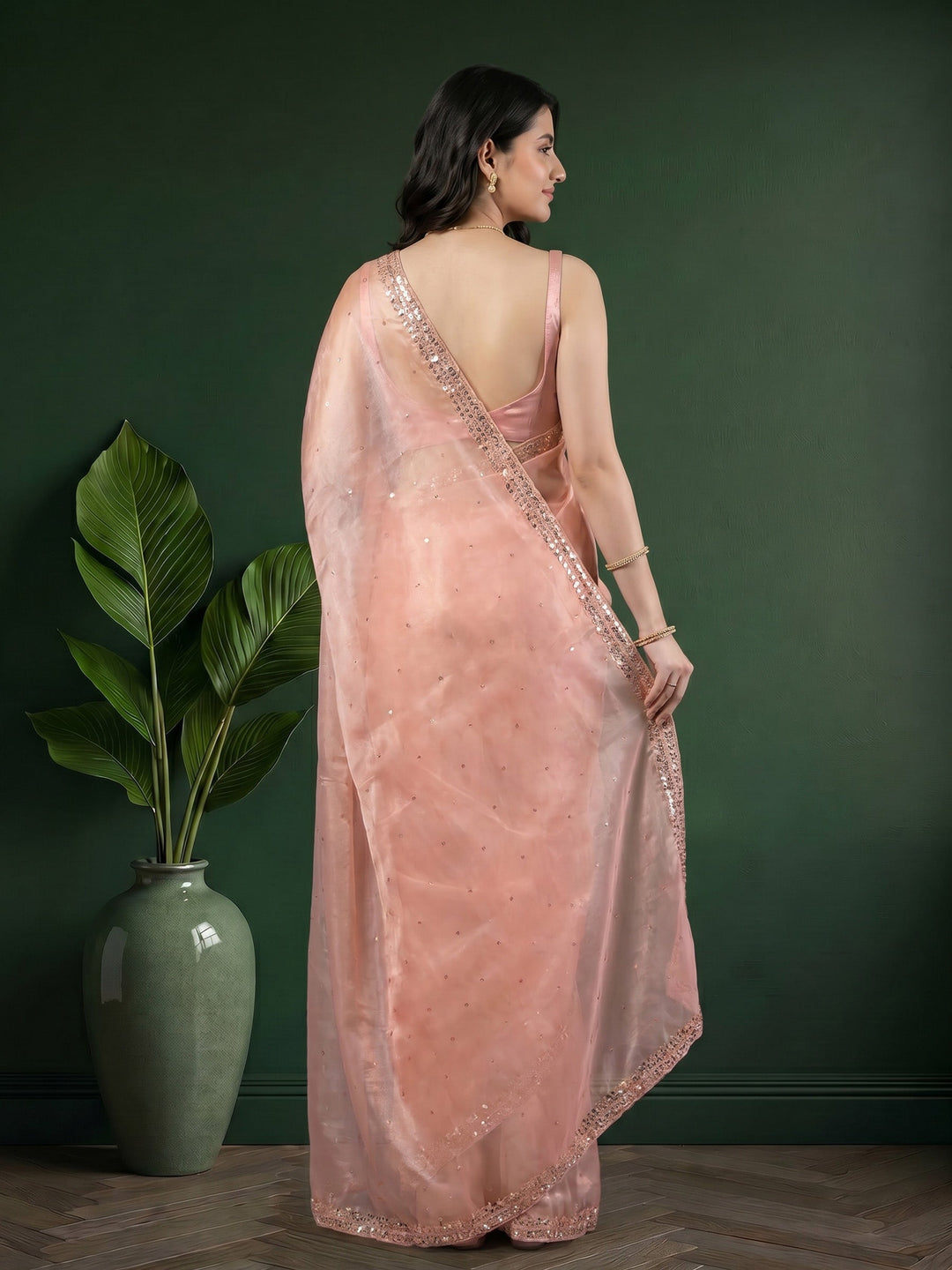 Peach Embroidered Tissue Saree