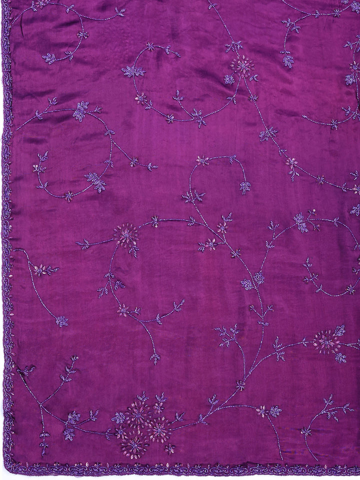 Wine Embroidered Satin Saree