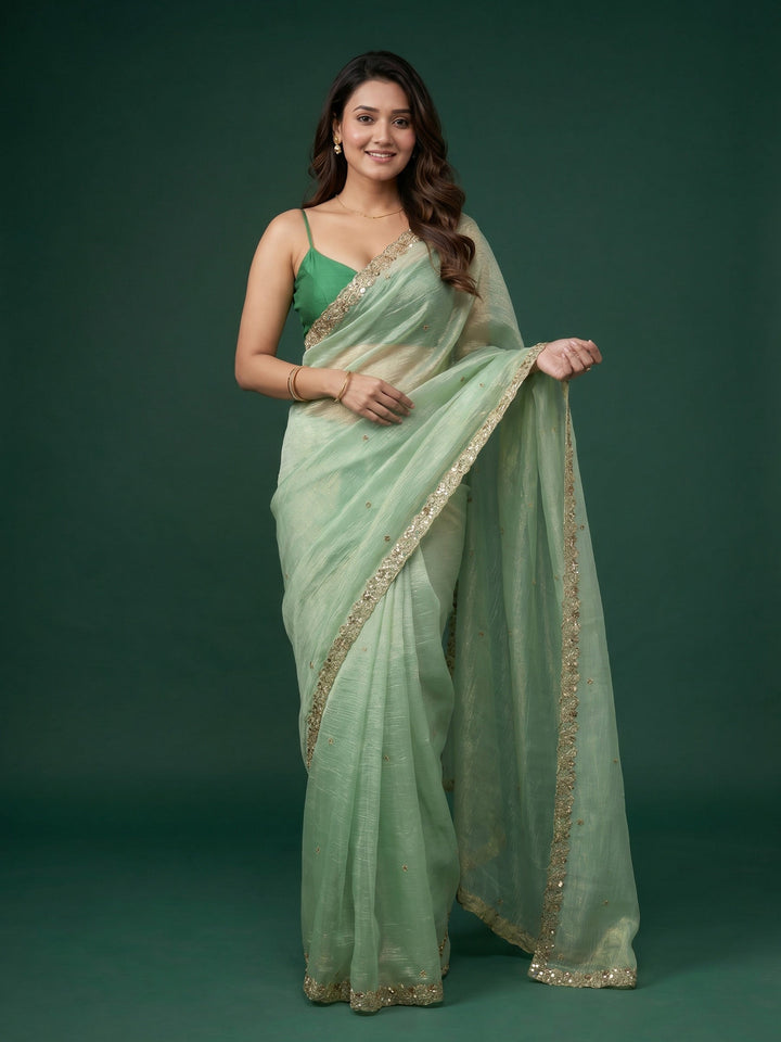 Pista Green Embroidered Organza Saree