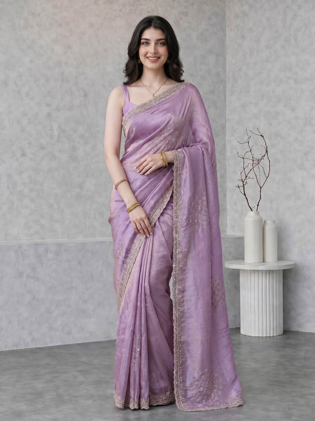Lavender Embroidered Tissue Saree