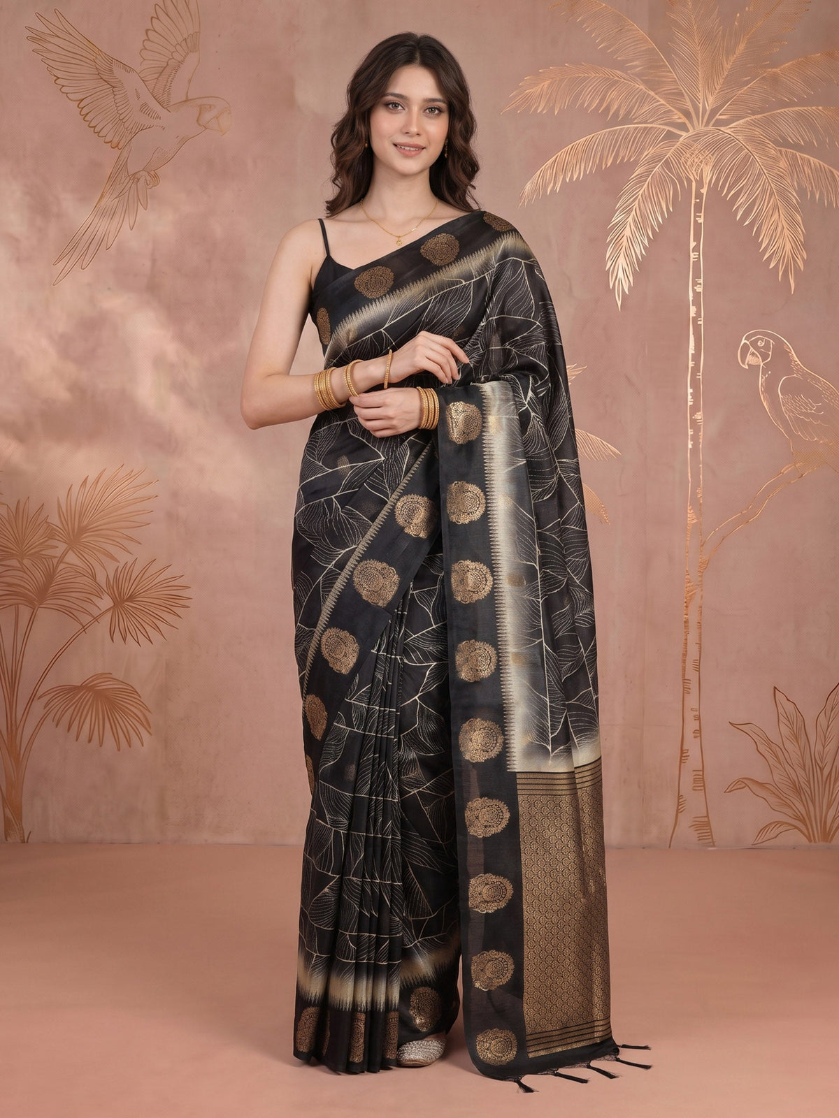 Black Tussar Printed Saree