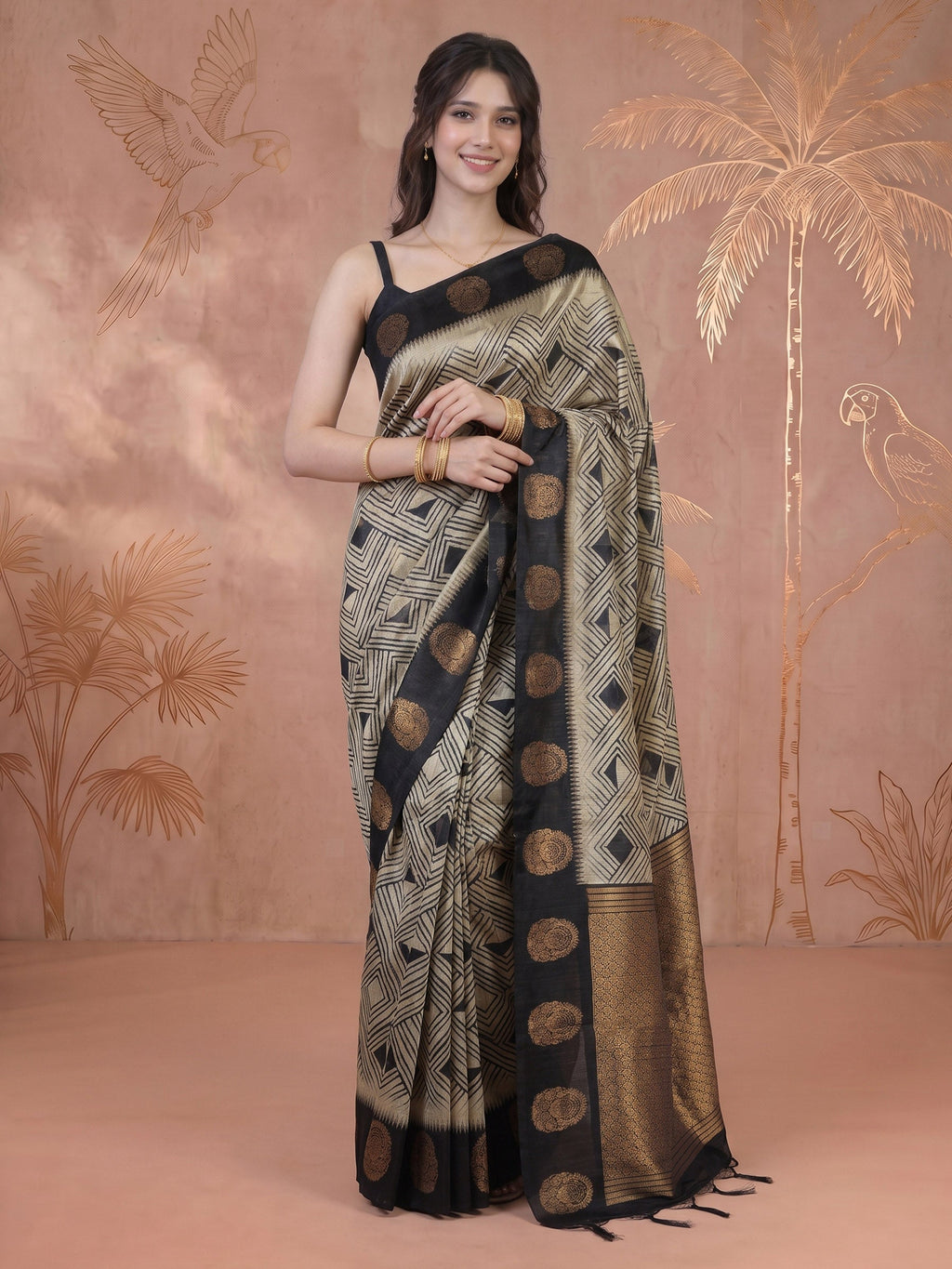 Black Tussar Printed Saree