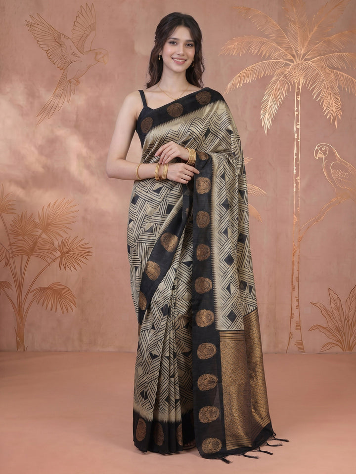 Black Tussar Printed Saree