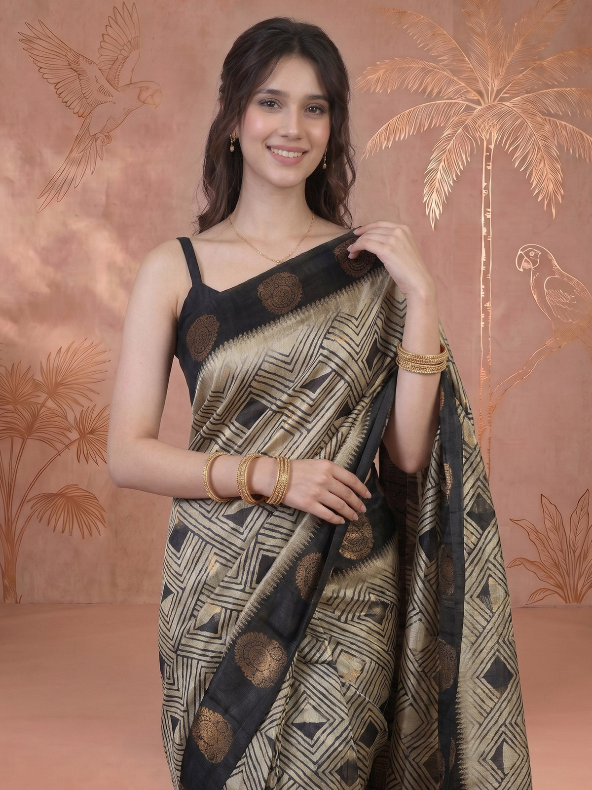 Black Tussar Printed Saree