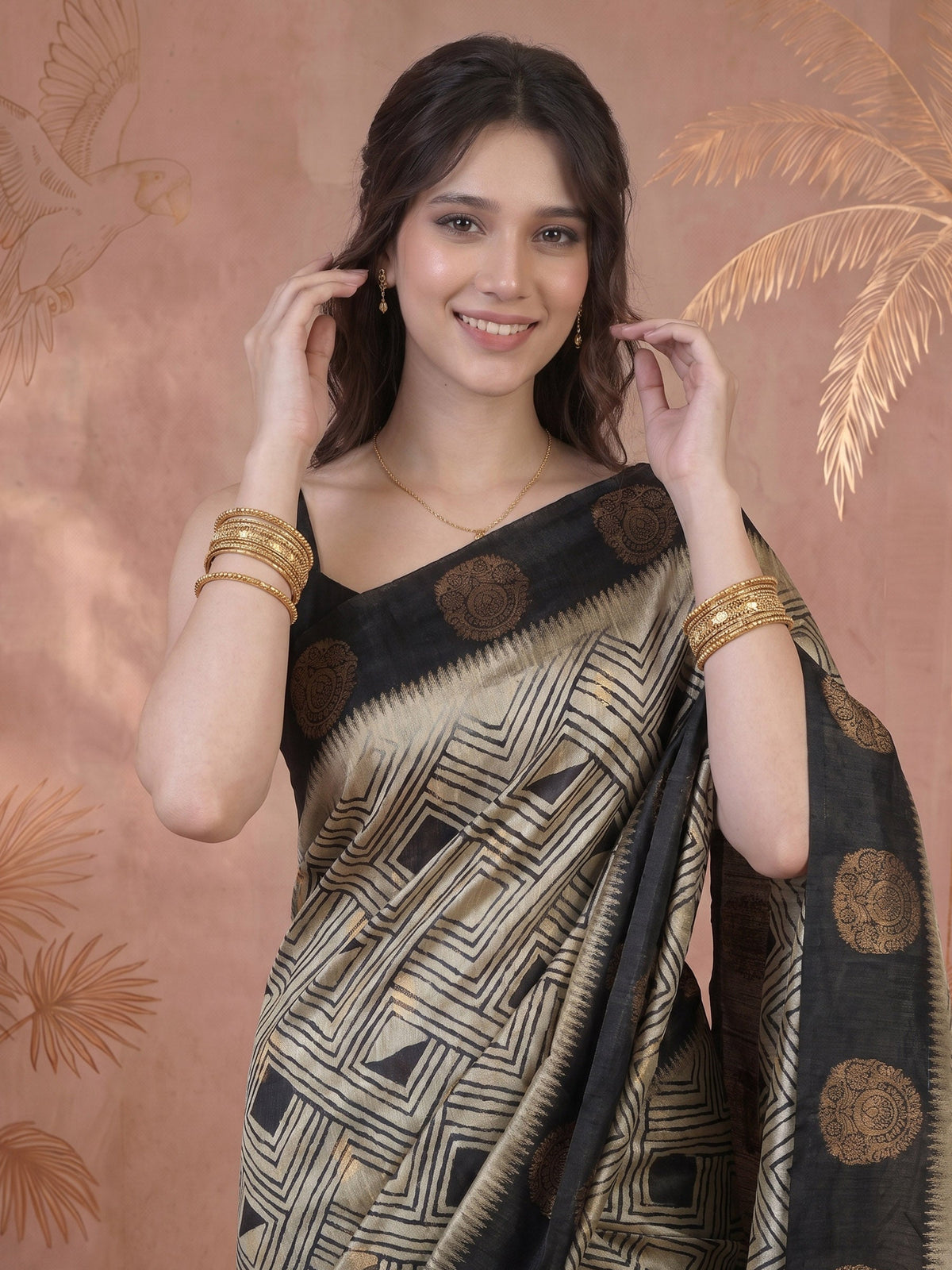 Black Tussar Printed Saree
