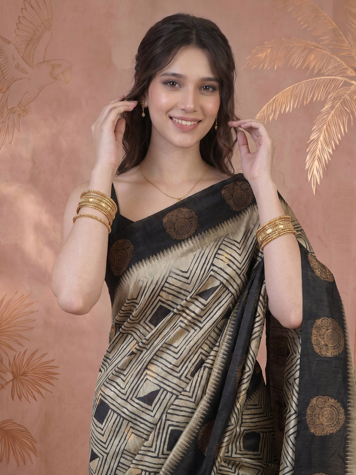 Black Tussar Printed Saree