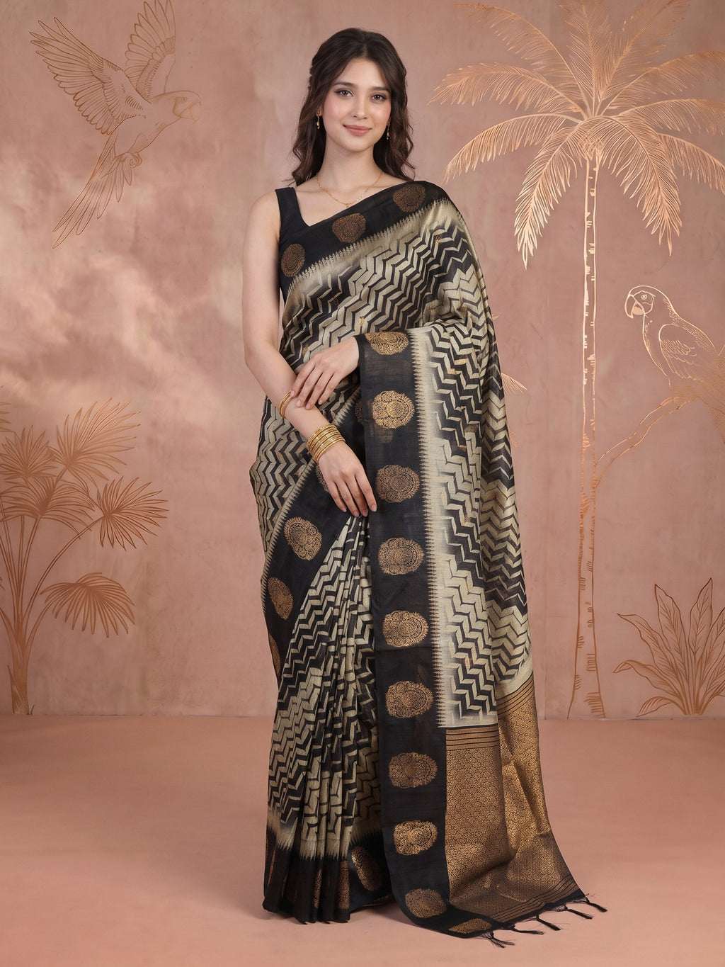 Black Tussar Printed Saree