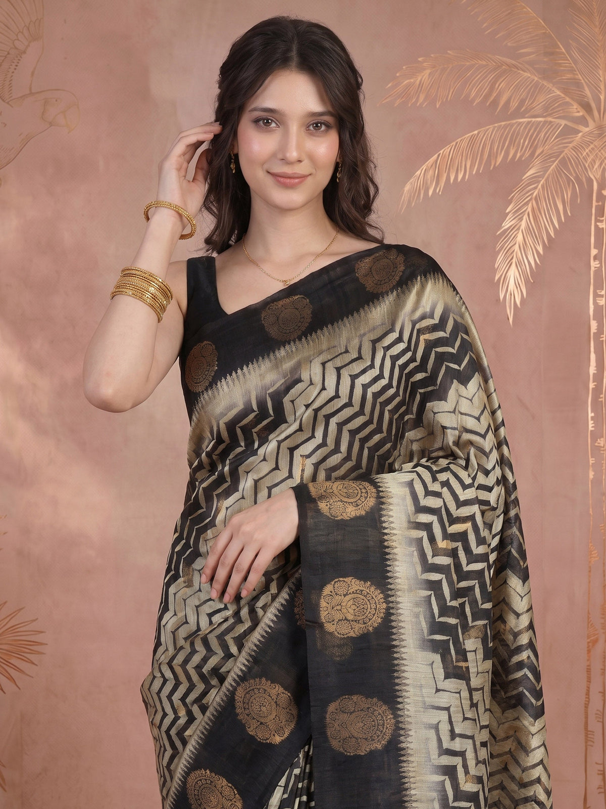Black Tussar Printed Saree