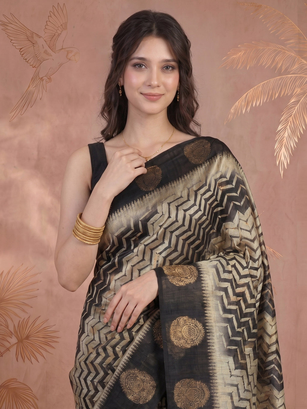 Black Tussar Printed Saree