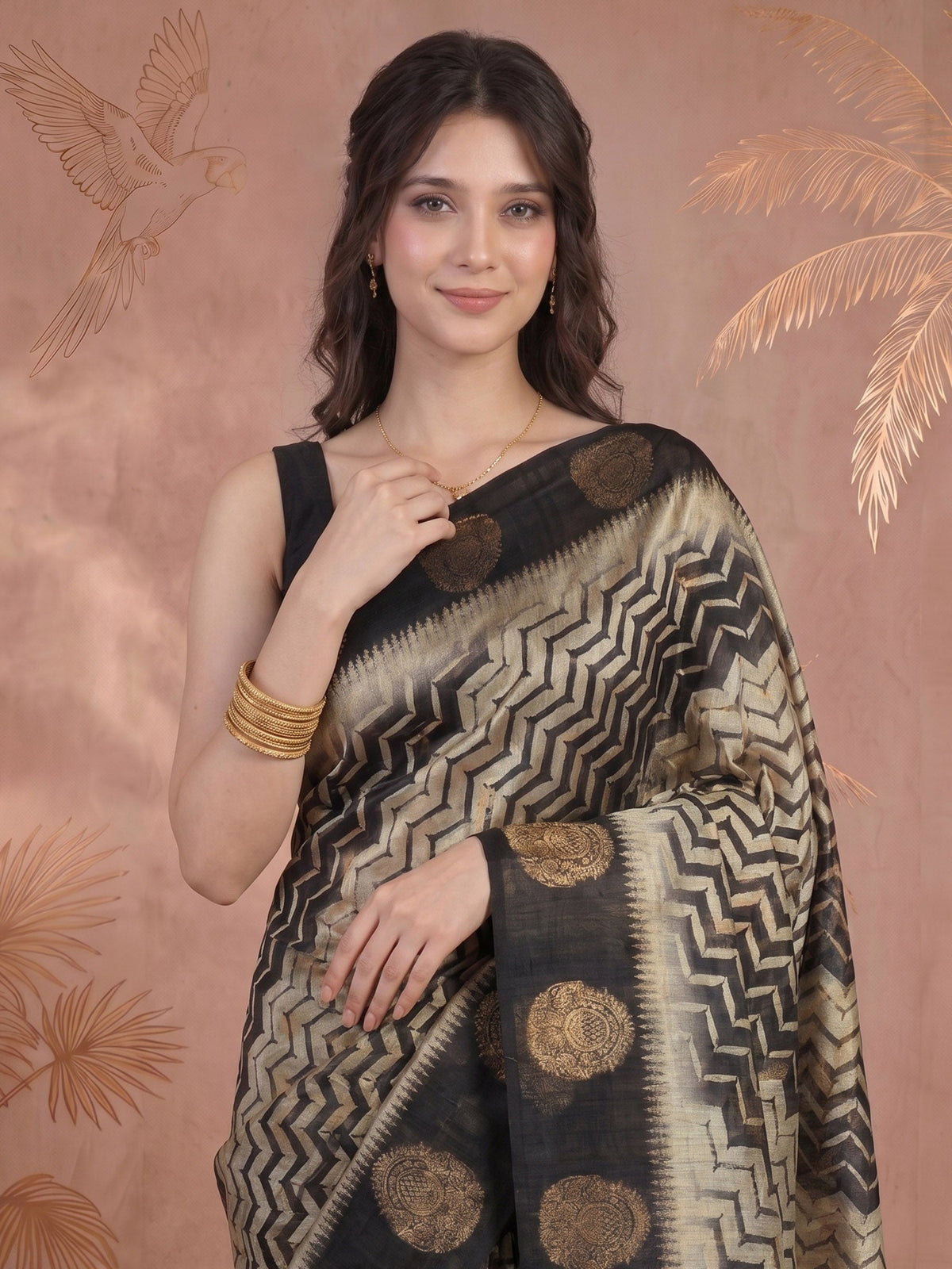 Black Tussar Printed Saree