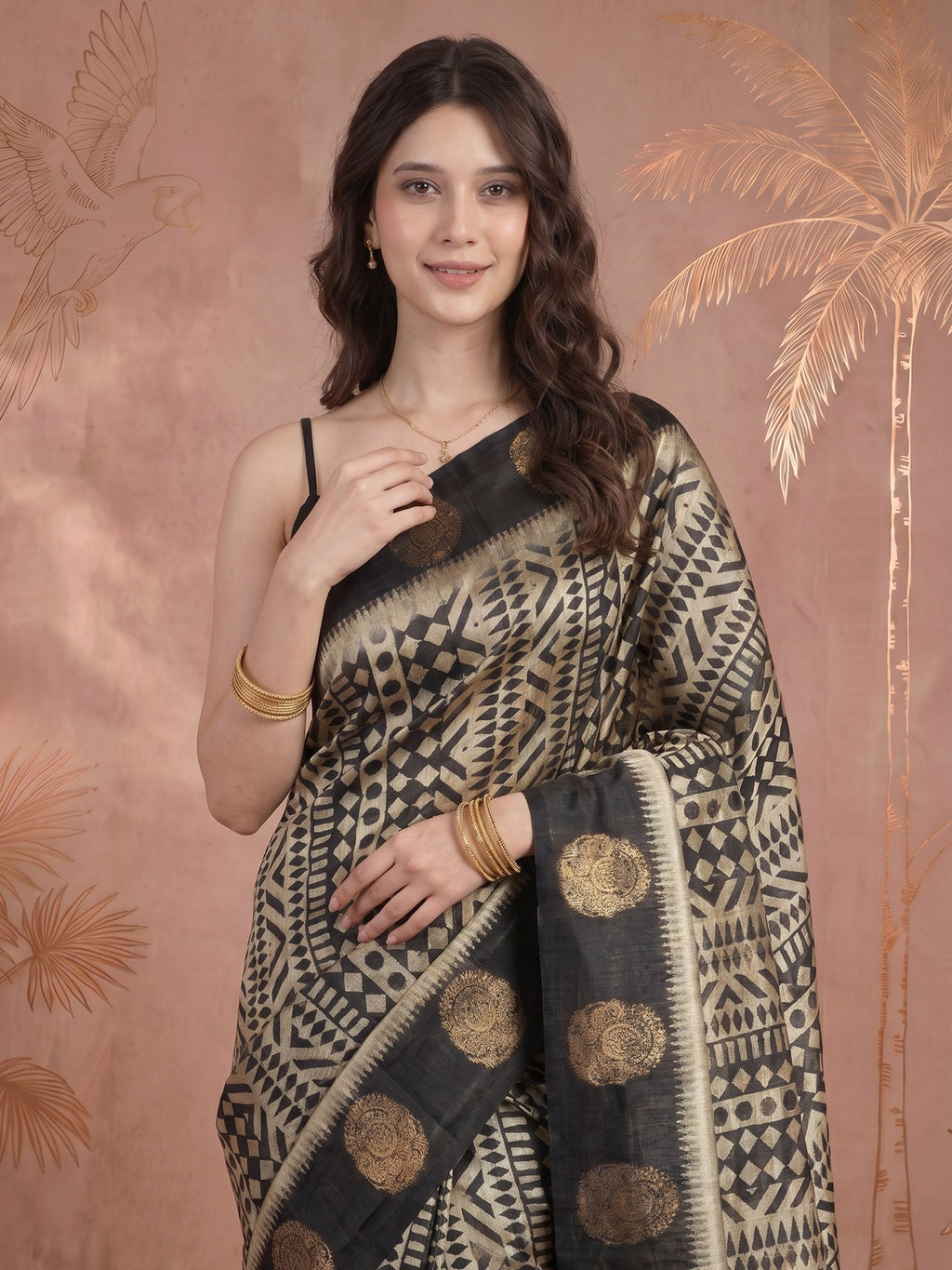 Black Tussar Printed Saree