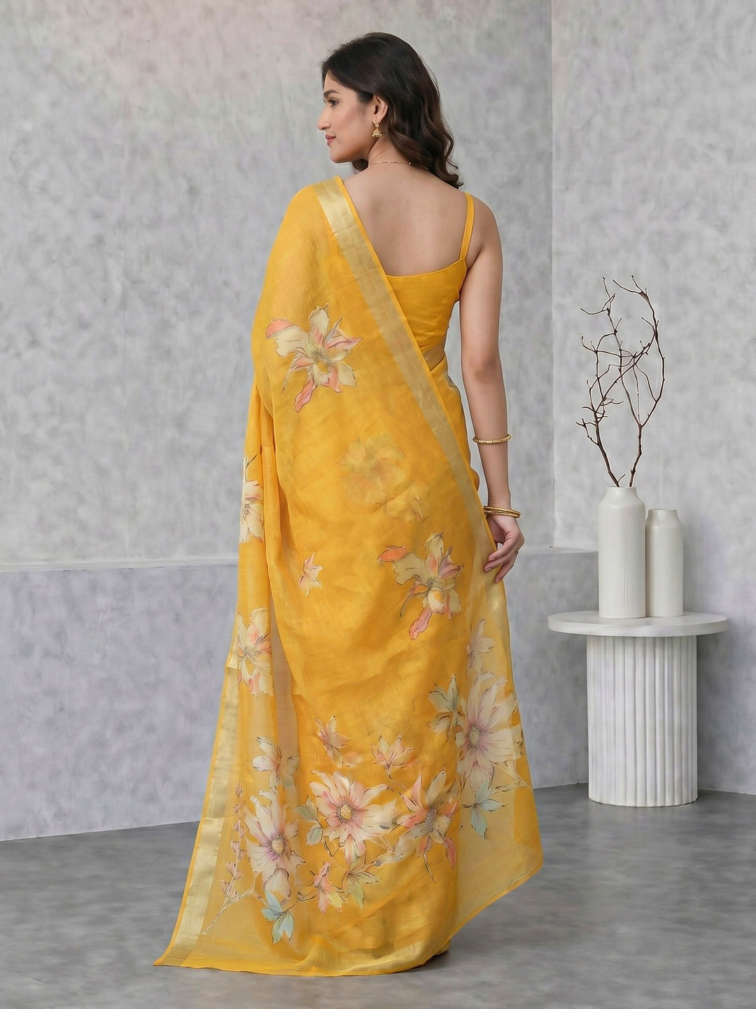 Mustard Digital Print Cotton Blend Saree