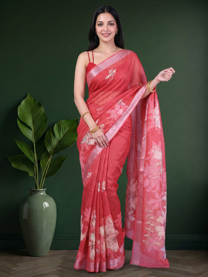 Peach Digital Print Cotton Blend Saree