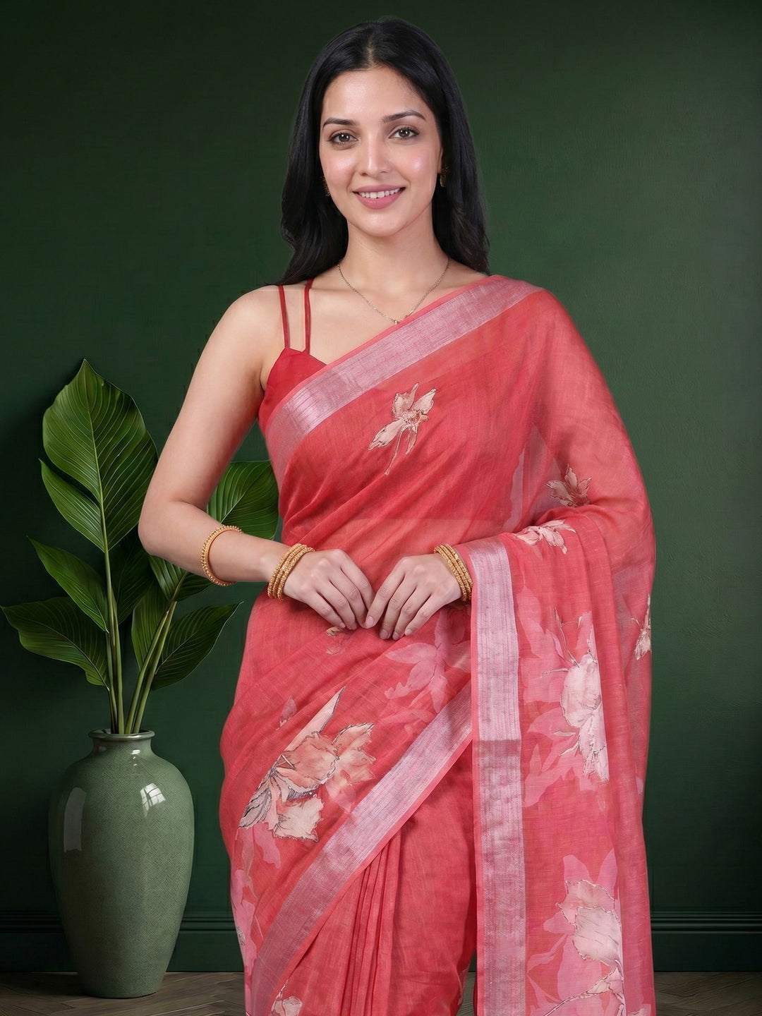 Peach Digital Print Cotton Blend Saree