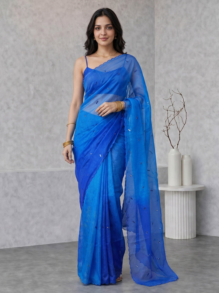 Blue Printed Cotton Blend Saree