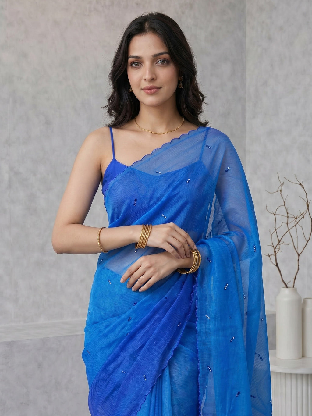 Blue Printed Cotton Blend Saree