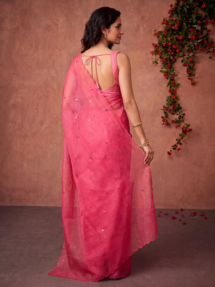Pink Printed Cotton Blend Saree