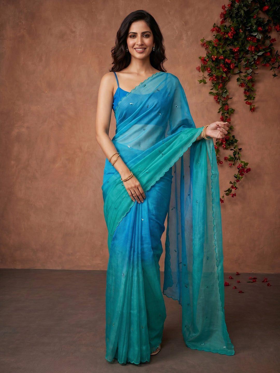 Sea Green Printed Cotton Blend Saree