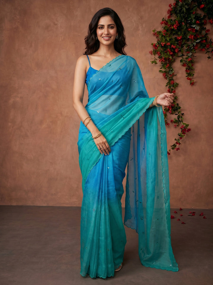Sea Green Printed Cotton Blend Saree