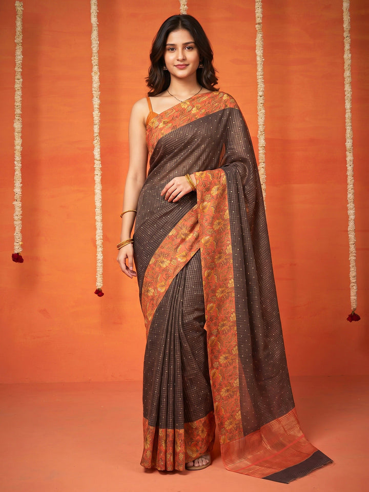 Grey Digital Print Cotton Blend Saree