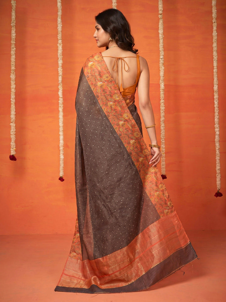 Grey Digital Print Cotton Blend Saree