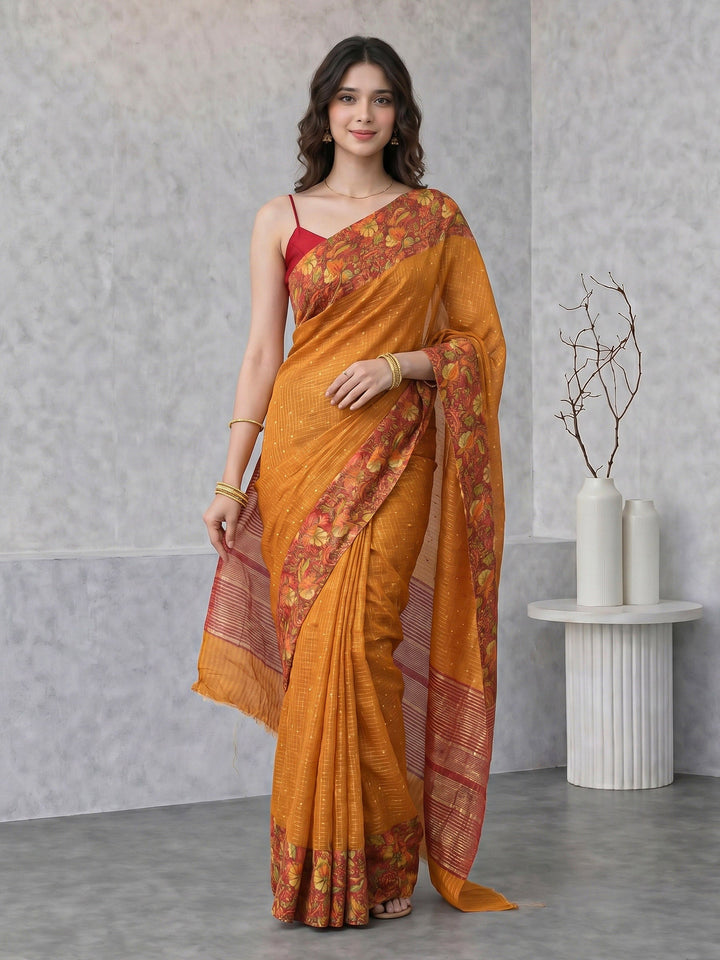 Mustard Digital Print Cotton Blend Saree